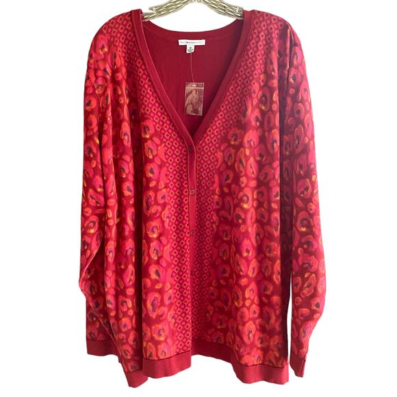 ISAAC MIZRAHI LIVE! Cardigan Sweater 3X Red V-Neck Animal Print Mixed Print Knit - Picture 1 of 9